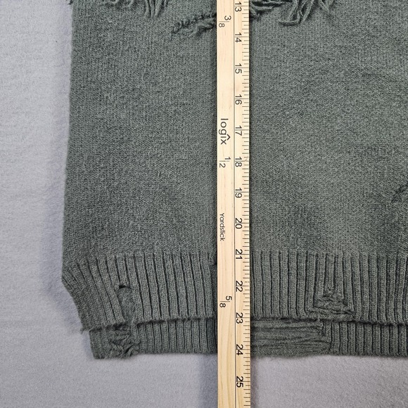 Aelfric Eden Sweater Mens Medium Green Distressed Ripped Knit Crewneck Pullover - Picture 2 of 8